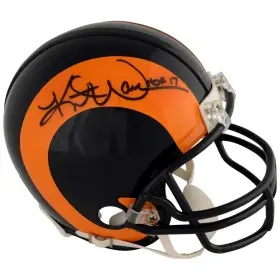 Kurt Warner St. Louis Rams Casque Miniature Riddell Rétro 1981 - 1999 Autographié avec l'Inscription "HOF 17"